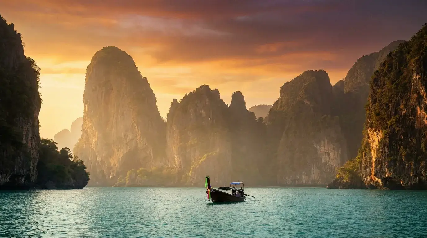 Golden-hour Andaman coastline with limestone cliffs and a long-tail boat