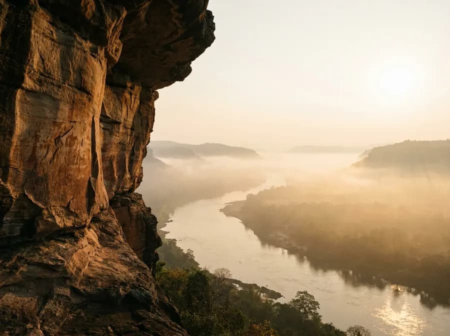 Mekong river cliffs at sunrise near Ubon Ratchathani